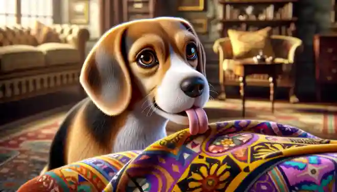 charming Beagle dog licking a colorful blanket