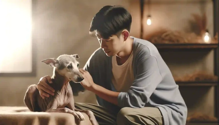 compassionate scene featuring a man gently comforting an old, thin dog. The man, of Asian descent with short black hair, is kneeling beside the dog,