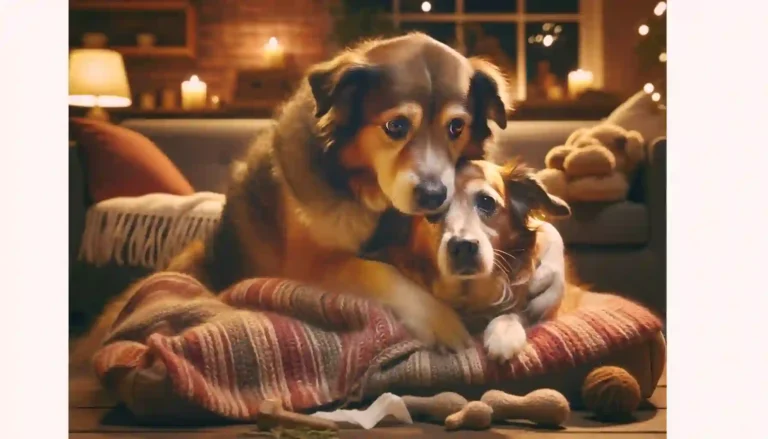 Concerned dog cuddling with a companion in a cozy indoor setting, with the other dog appearing unwell.