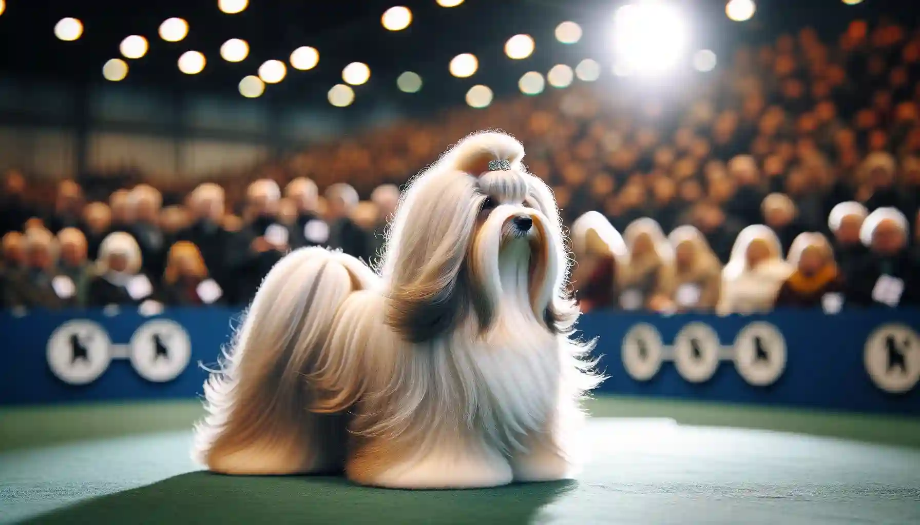 A Havanese dog with long, flowing hair is standing proudly in the middle of a show ring.