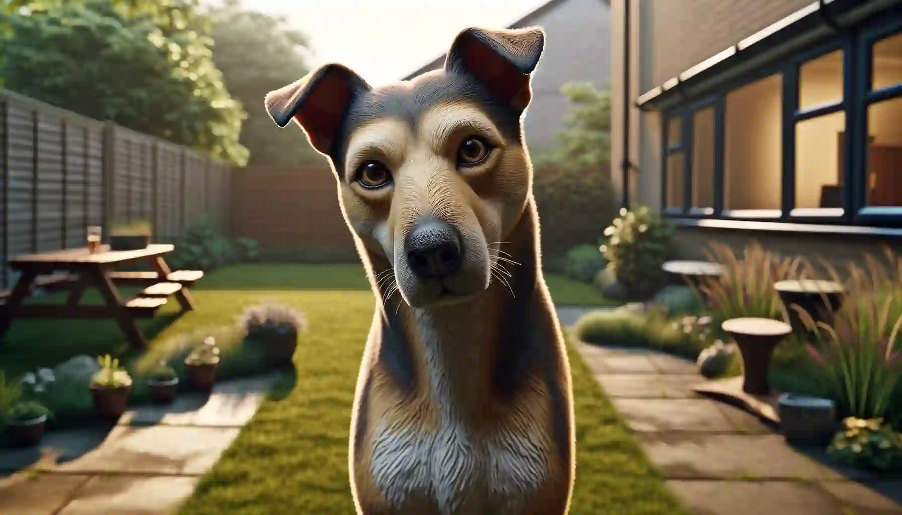 A realistic scene depicting a medium-sized dog with a curious and slightly suspicious expression, intently staring at something off-camera.