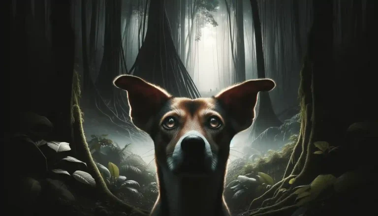 dog staring intently towards a dense, dark jungle