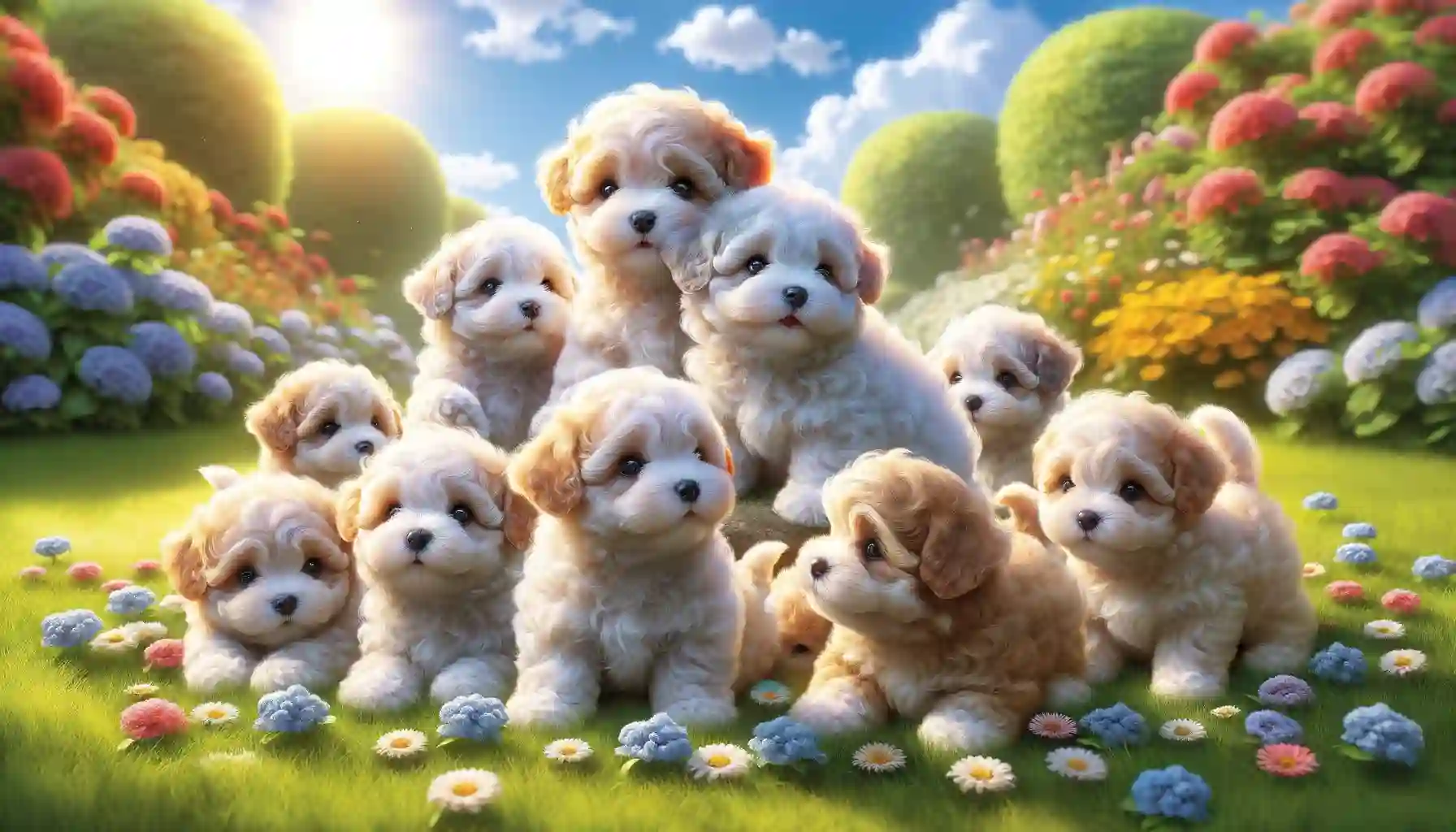 group maltipoo puppies sitting