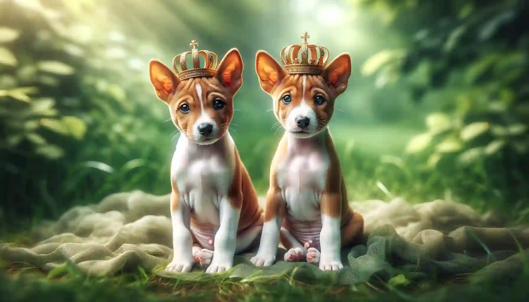 the adorable Basenji puppies wearing crowns in a lush garden setting.