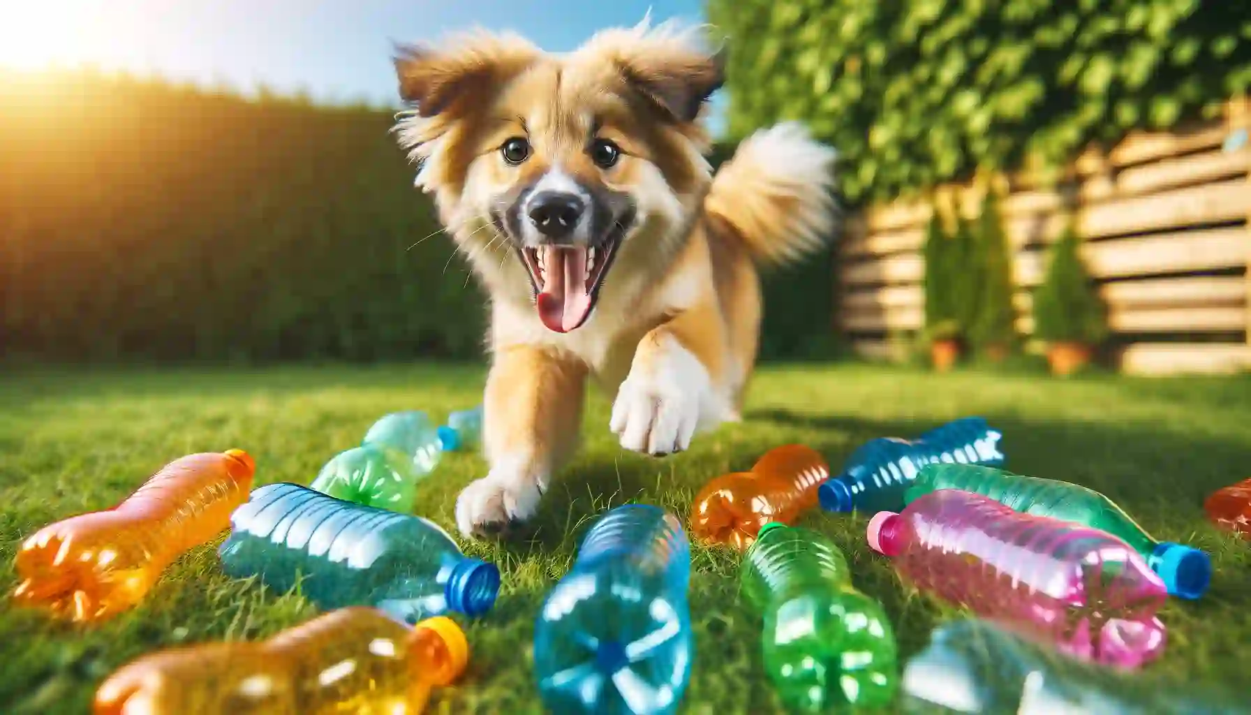 A joyful dog of medium size, with a fluffy tail and bright, expressive eyes, is enthusiastically playing with several colorful plastic bottles scatter