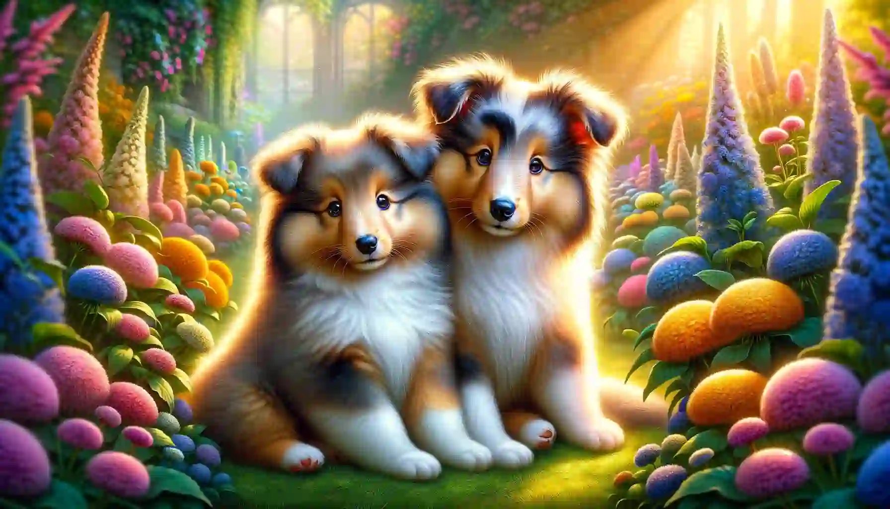 A beautifully detailed scene of two Sheltie