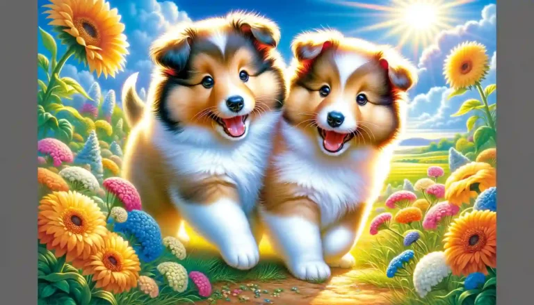 Two adorable Sheltie (Shetland Sheepdog) puppies playing together in a sunny garden, surrounded by flowers and green grass.